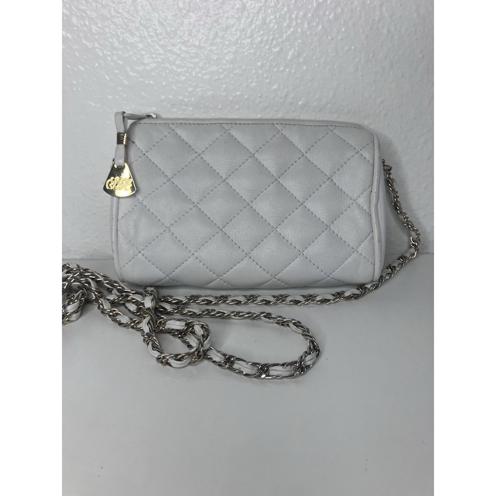 VTG 90s Saks Fifth Ave Quilted White Leather Chain Crossbody Bag Korea 52" Strap
